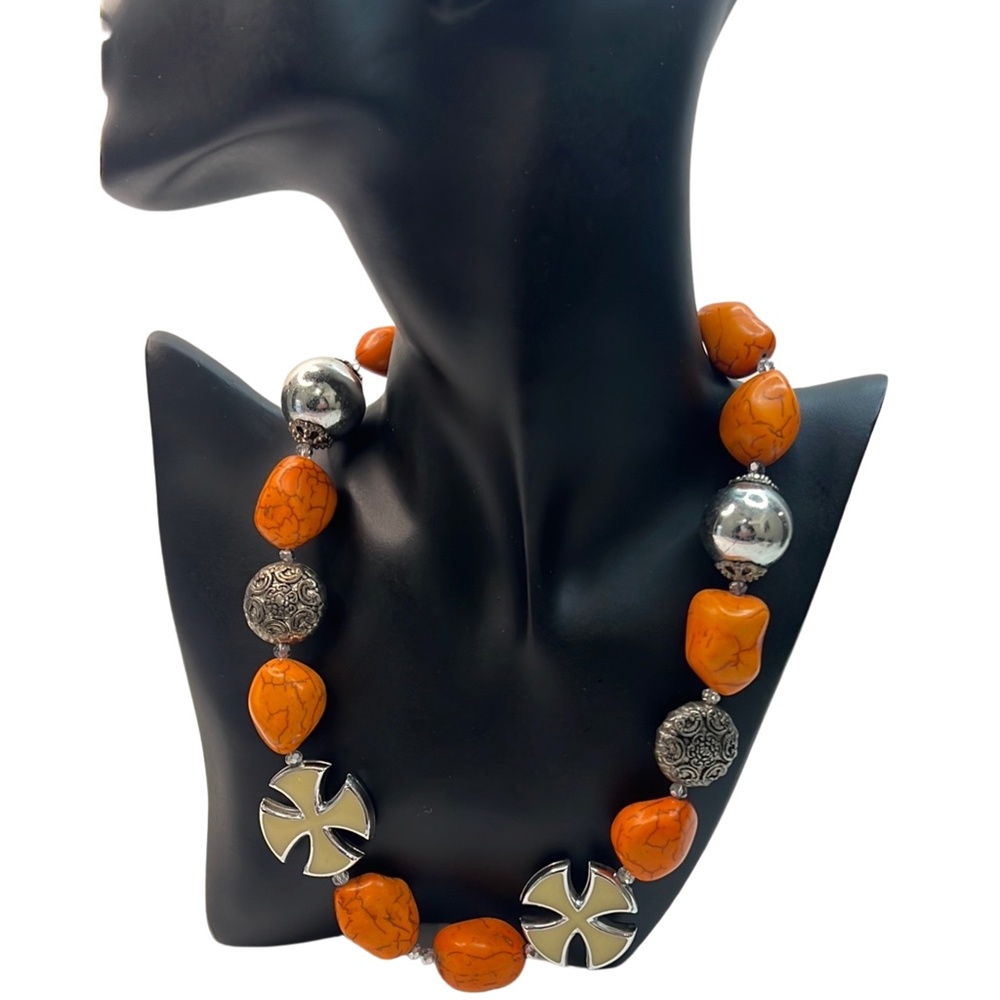 Orange Silver & Brass Chunky Nuggets Statement Necklace
